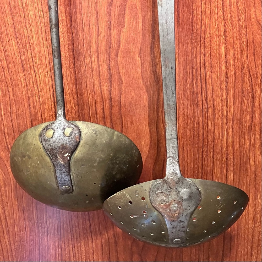 ANTIQUE LADLE & STRAINER / Early 1800’s HAND-FORGED IRON And BRASS / Very Rare!
